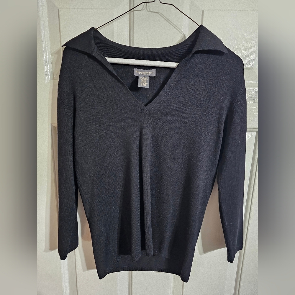 Banana Republic Womens M Black Silk Blend Collared V Neck Knit Sweater Preppy - Picture 2 of 6